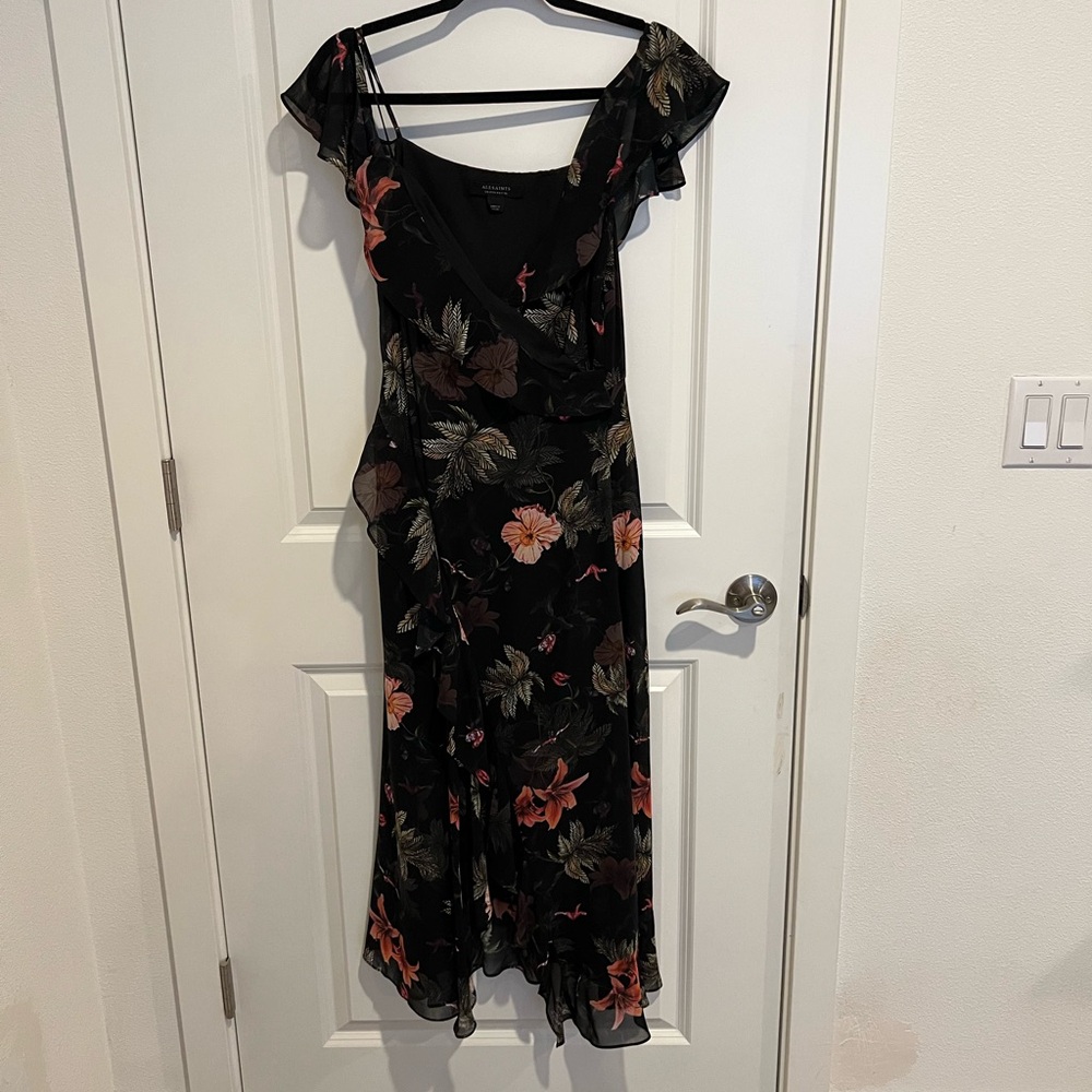 All Saints Black Floral Midi Dress
